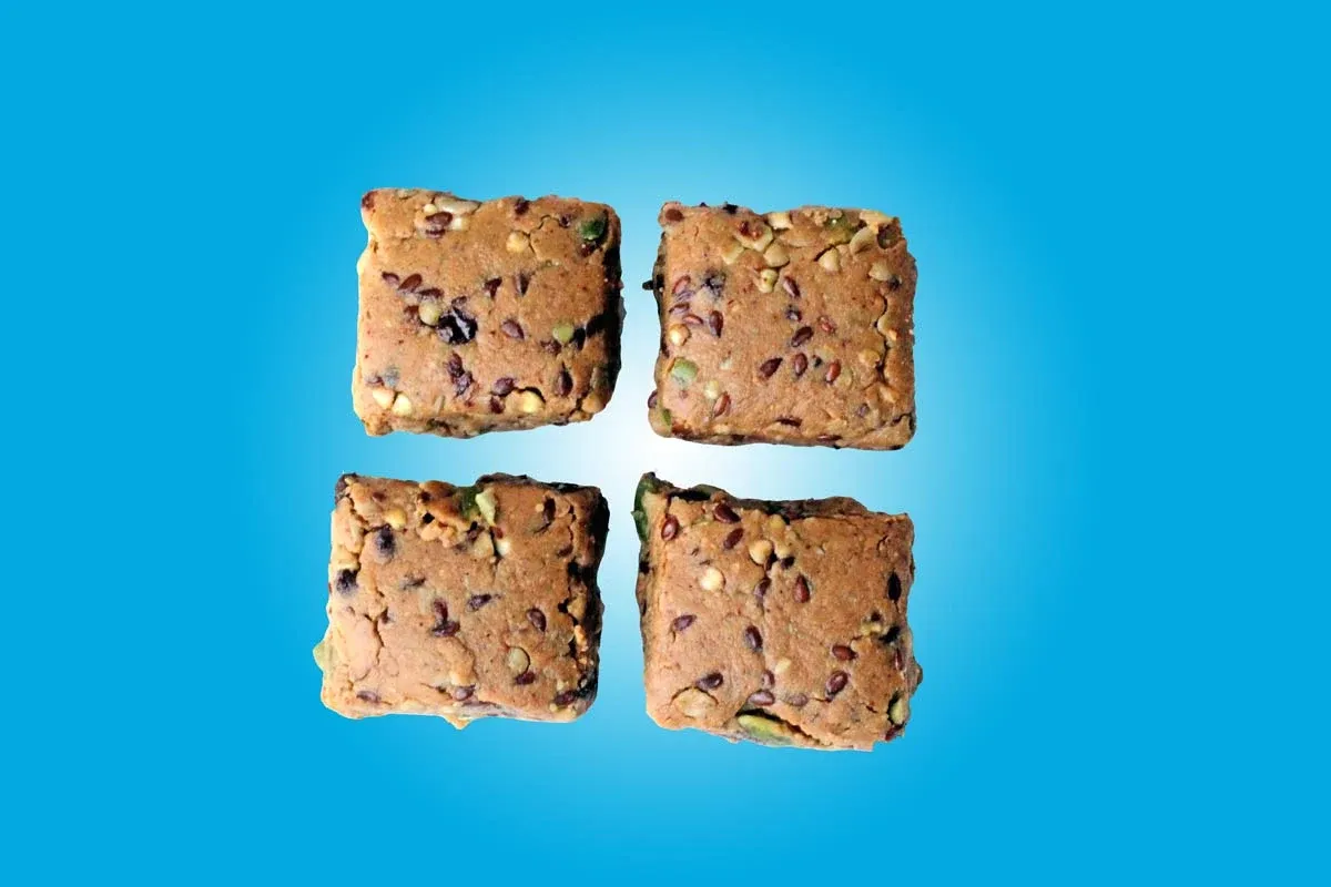 Four Boxer Chef protein squares on a bright field