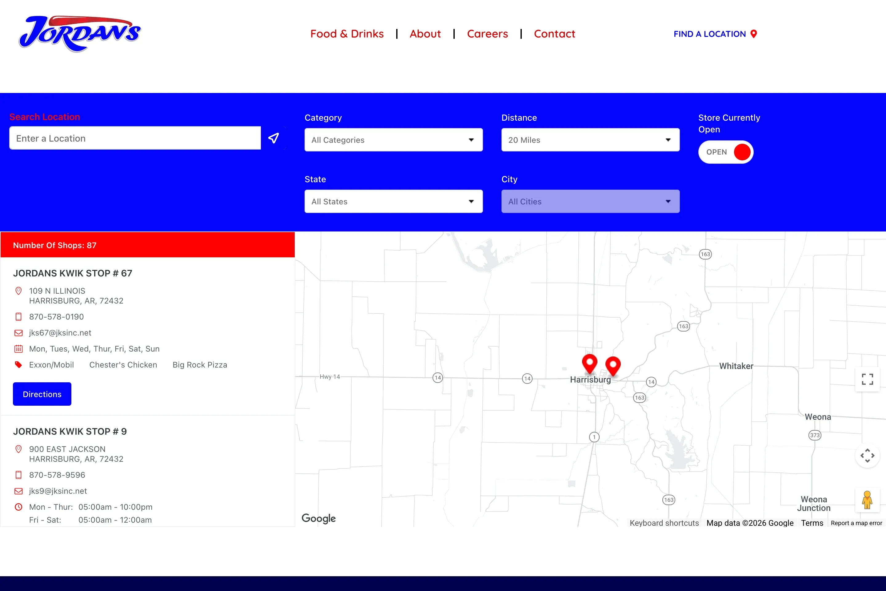 The Jordan's store locator, with search filters above a map and a list of stores