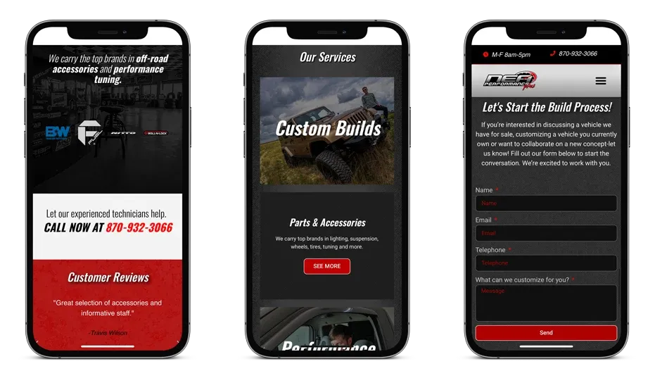 The NEA Performance Plus website across three phone screens
