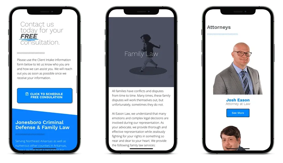 The Eason Law website across three phone screens
