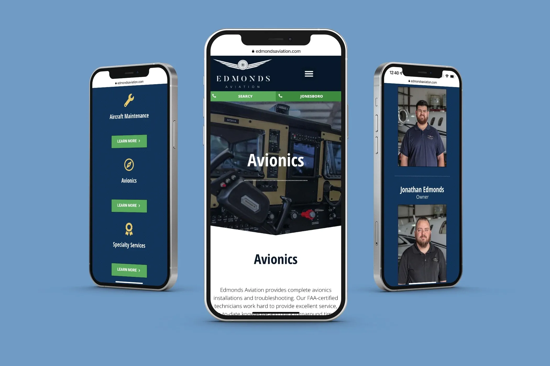 Several screens of the Edmonds Aviation website on phones
