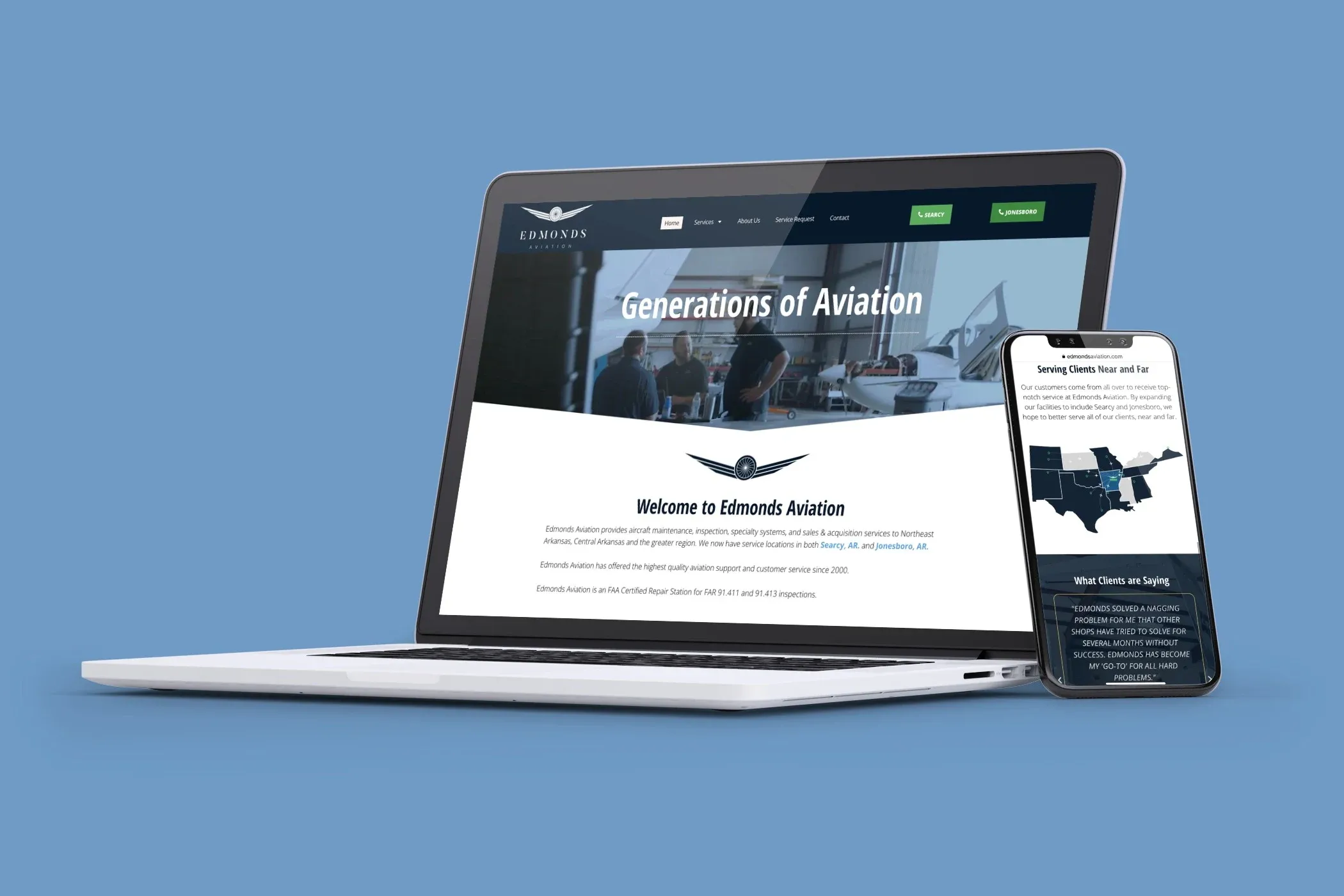The Edmonds Aviation website on a laptop and a phone